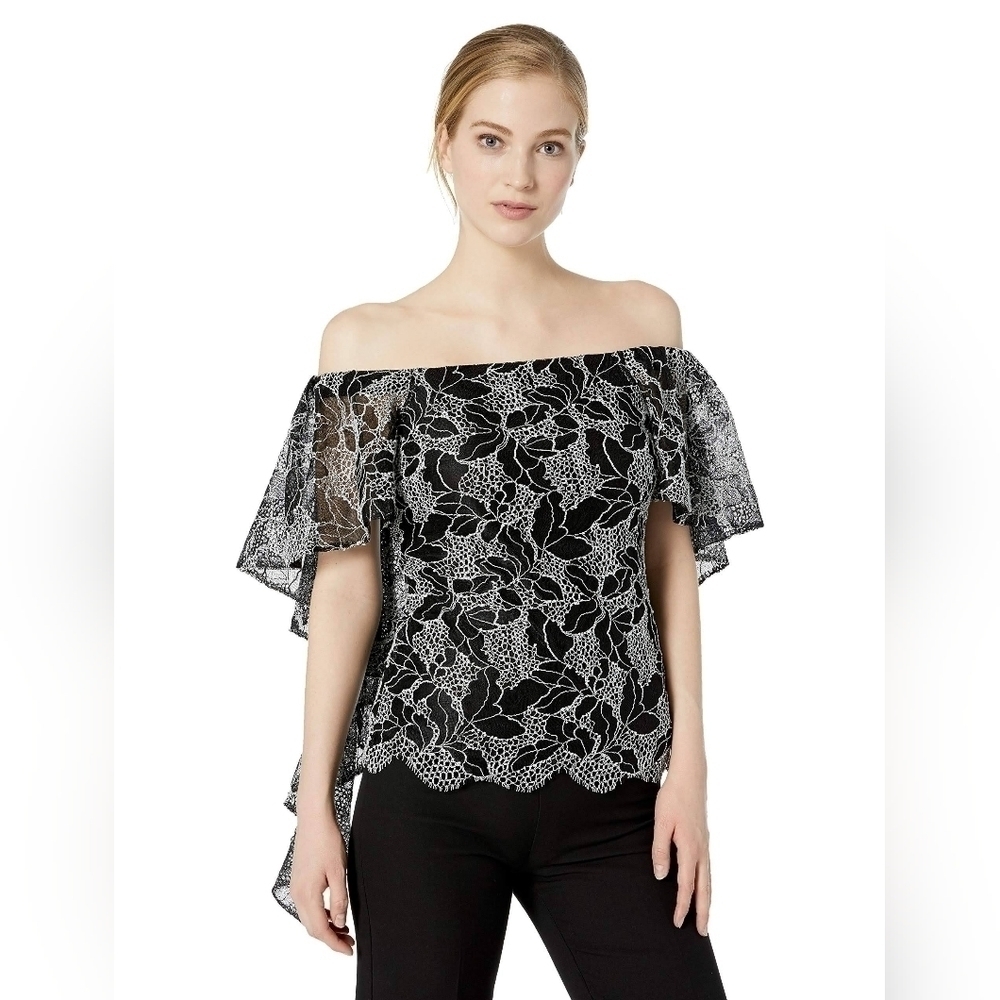 Halston Heritage Off the shoulder draped cotton blend Lace blouse